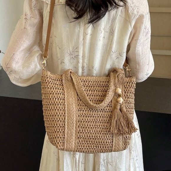 Chic Woven Tote Bag with Tassel Accent - Picture 6 of 10